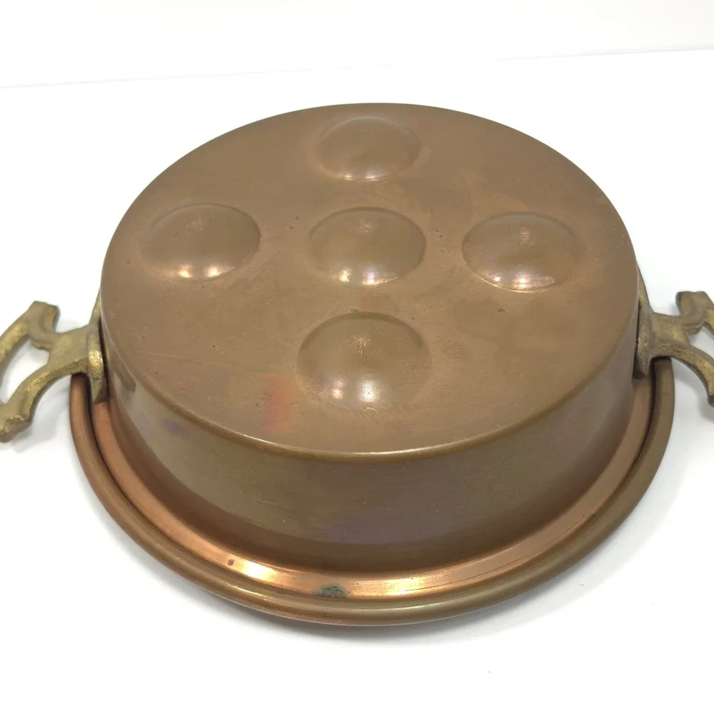 Vintage Copper Escargot Pan Egg Poacher Brass Handles Handmade Turkey 5 Cup 8